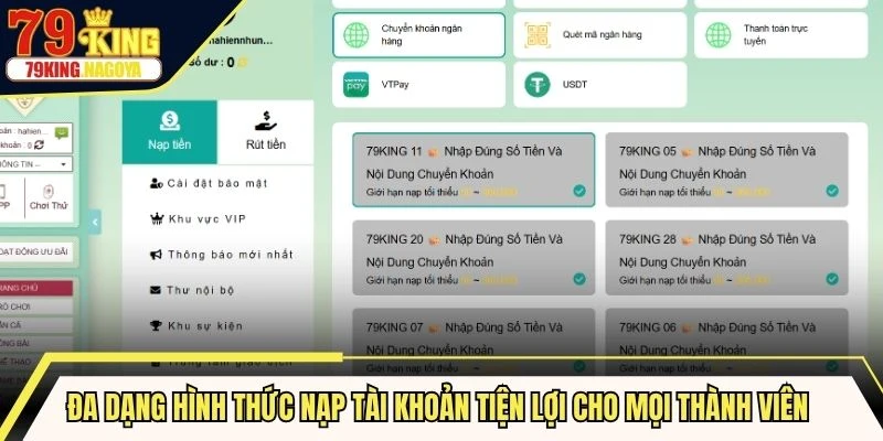 Đa dạng hình thức nạp tài khoản tiện lợi cho mọi thành viên tại 79KING